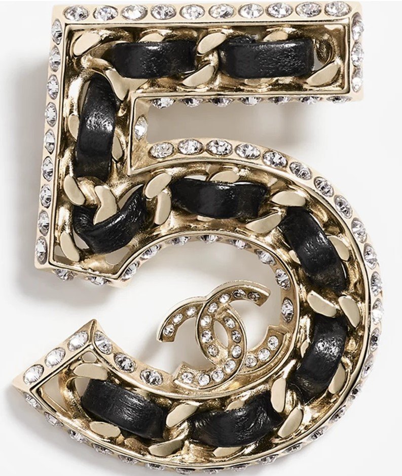 Chanel 5 Metal, Lambskin & Strass Brooch in Gold, Black & Crystal